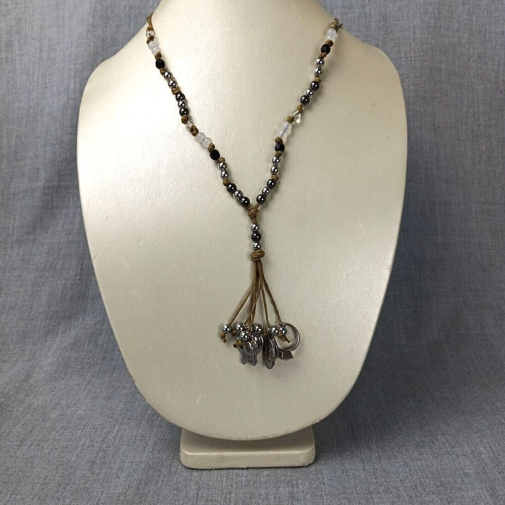 Cookie Lee Multi-Charmed Boho Style Necklace Silver Tan White Beaded Jewelry